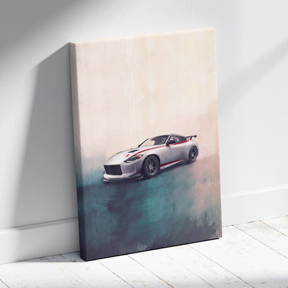 Nissan Z inspired silver sports car canvas painting with red stripes and black rims for modern home decor wall art