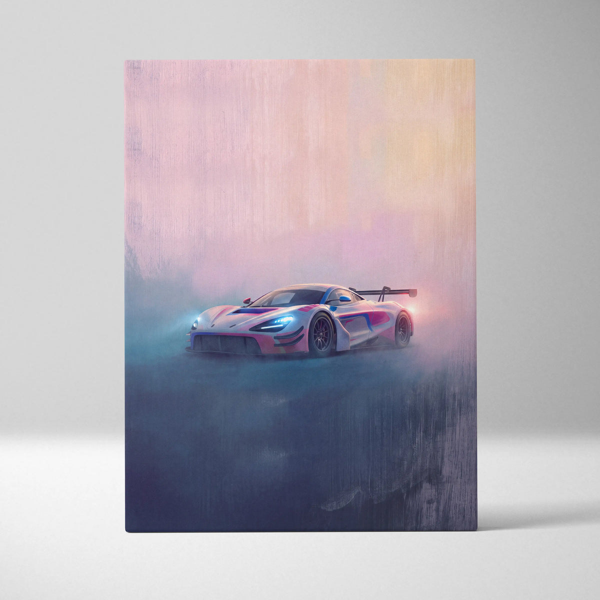McLaren 720S GT3 inspired car wall art featuring a sleek pink and blue gradient sports car with aerodynamic design