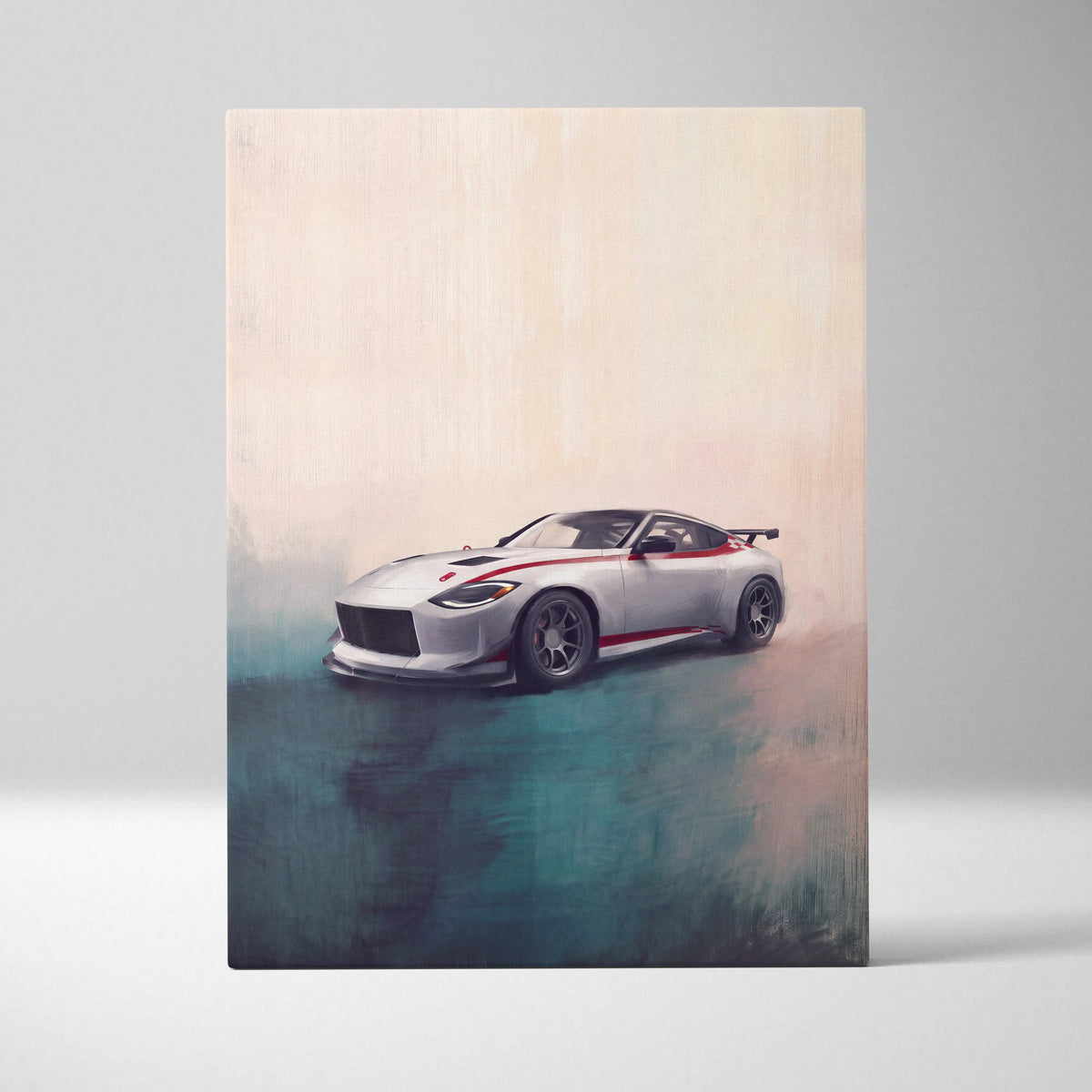 Silver Nissan Z inspired sports car canvas painting with red racing stripes and black accents for modern home decor