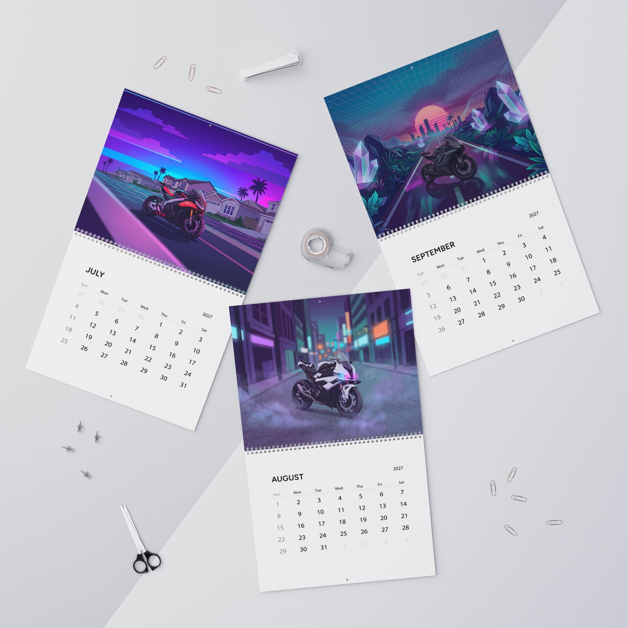 2027 Motorcycle Vaporwave Wall Calendar – Sportbikes, Supersport Motorcycles & Retro Neon Artwork Collection