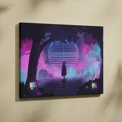 Neon Vaporwave Globe Canvas - Vaporwave Neon Globe Canvas Living Room Retro Atmospheric Nostalgic Synthwave Wall Art