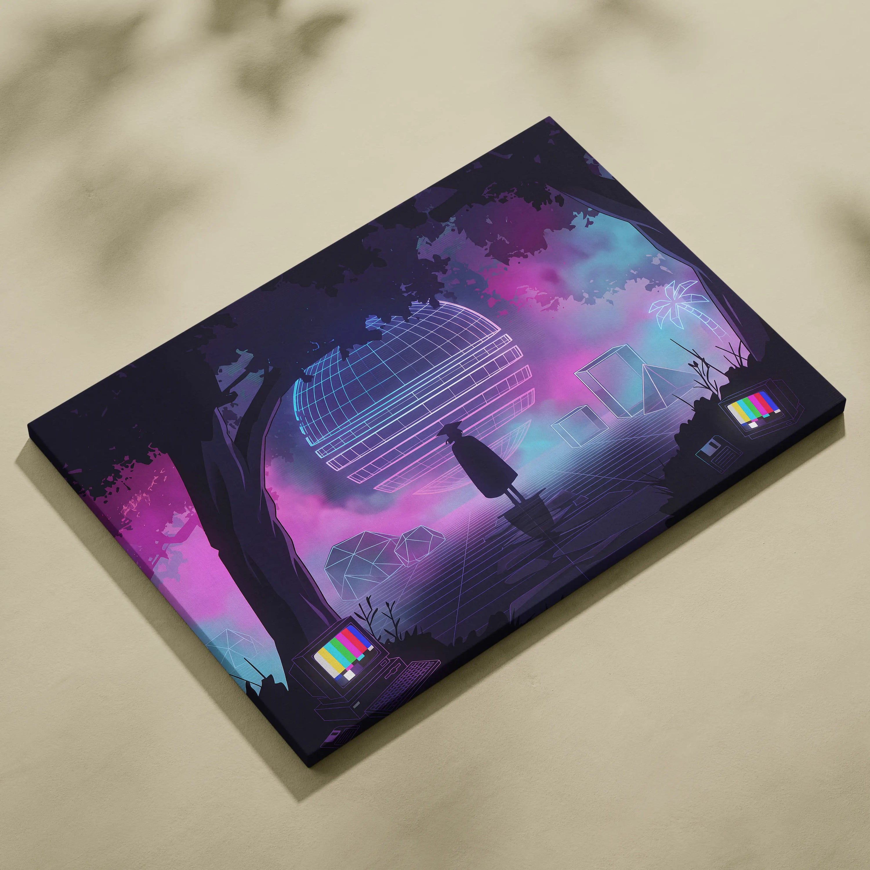Neon Vaporwave Globe Canvas - Vaporwave Neon Globe Canvas Living Room Retro Atmospheric Nostalgic Synthwave Wall Art