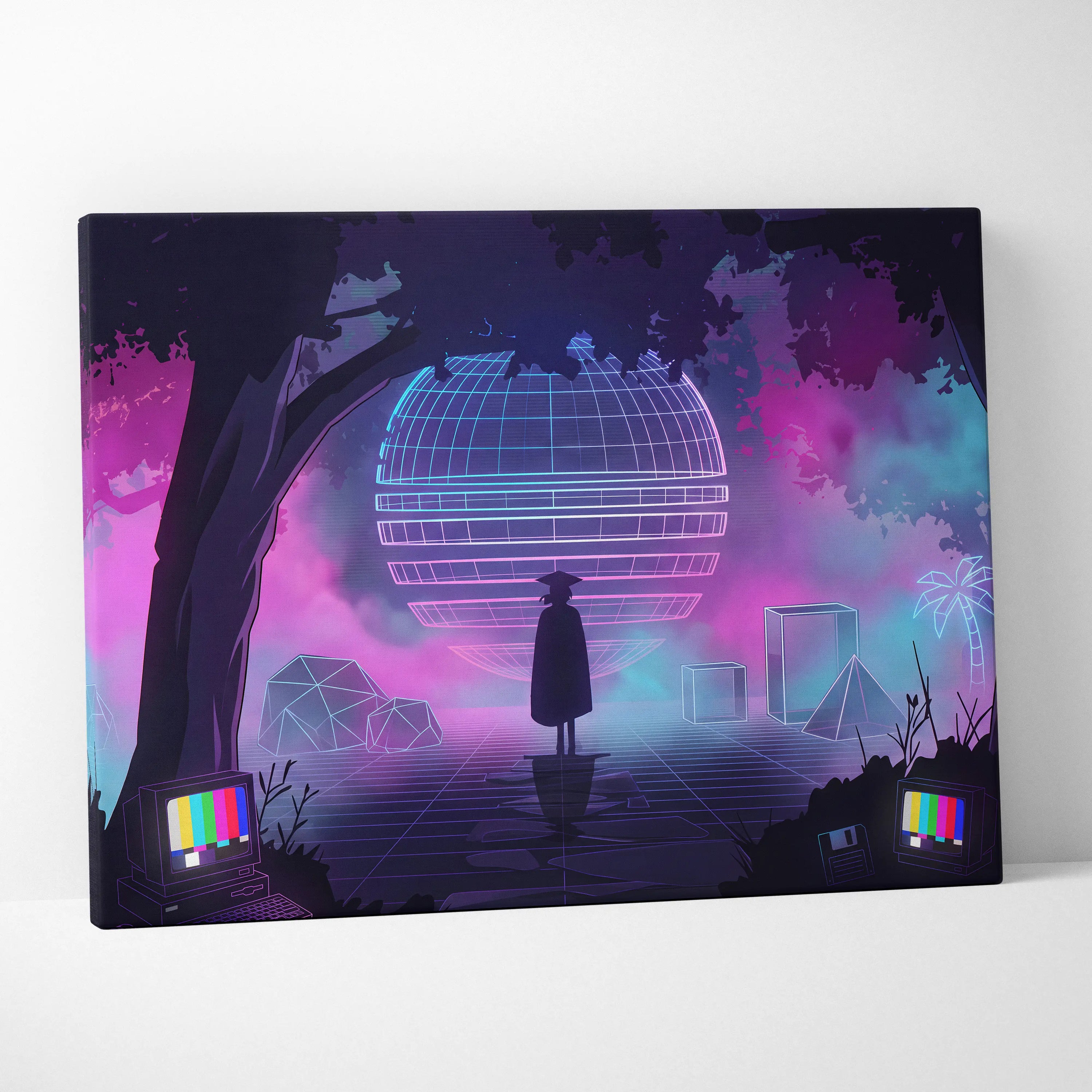 Neon Vaporwave Globe Canvas - Vaporwave Neon Globe Canvas Living Room Retro Atmospheric Nostalgic Synthwave Wall Art