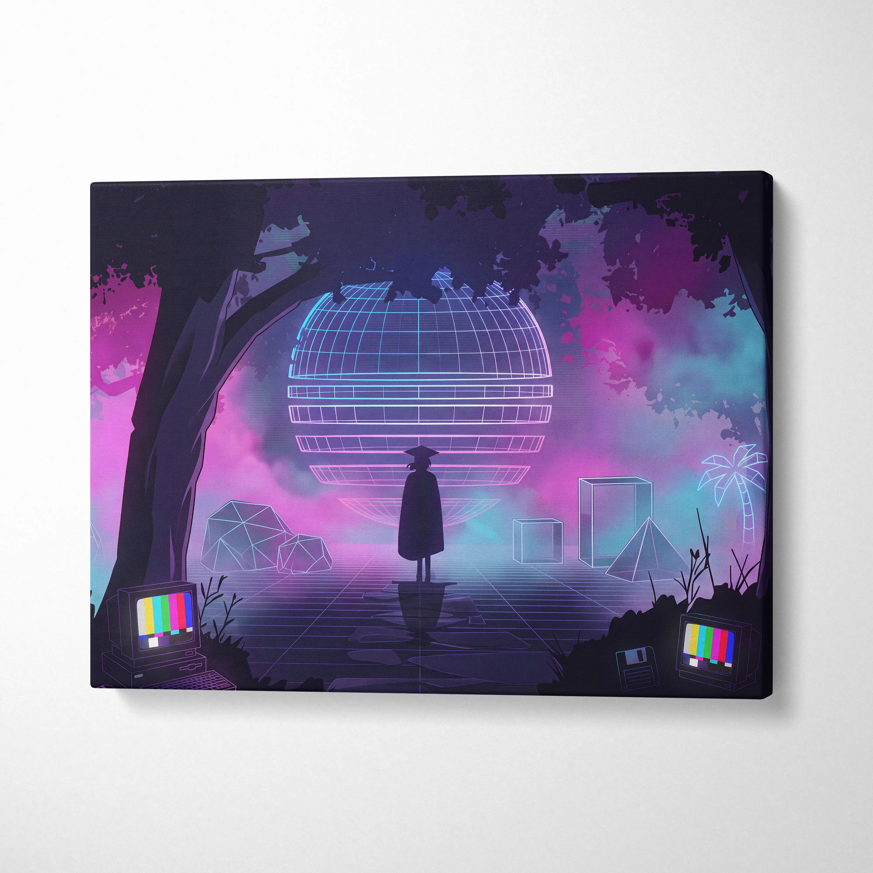 Neon Vaporwave Globe Canvas - Vaporwave Neon Globe Canvas Living Room Retro Atmospheric Nostalgic Synthwave Wall Art