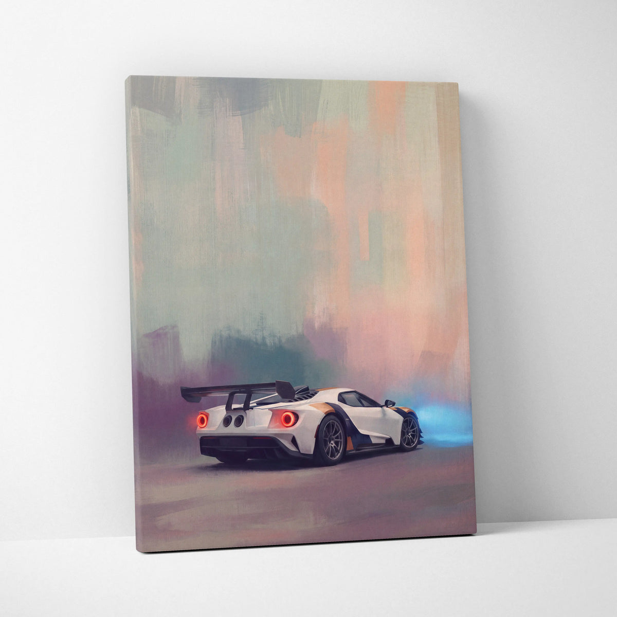 Ford GT inspired automotive wall art featuring a white and black race car canvas print with glowing red taillights and blue exhaust flames