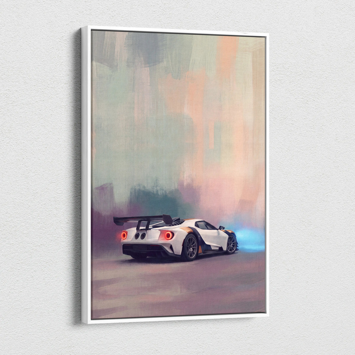 White and black ford gt racing car artwork in a white frame luxury supercar canvas print for automotive wall decor