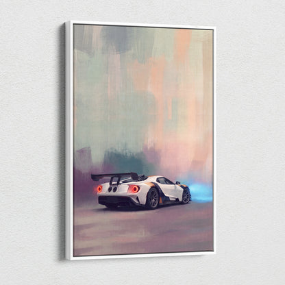 White and black ford gt racing car artwork in a white frame luxury supercar canvas print for automotive wall decor