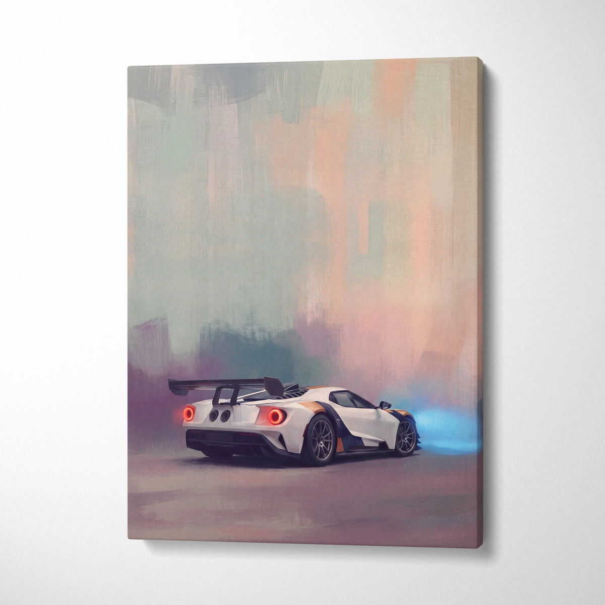 Ford GT inspired automotive wall art canvas print featuring a white and orange racing car with a black spoiler