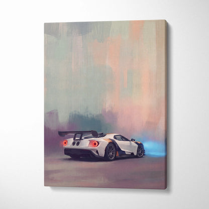 Ford GT inspired automotive wall art canvas print featuring a white and orange racing car with a black spoiler