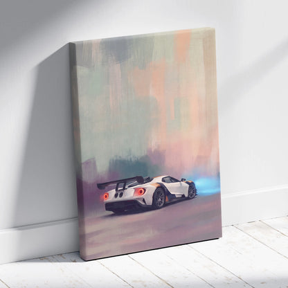 Ford GT inspired automotive wall art canvas print showing the back of a white and black sports car with glowing taillights
