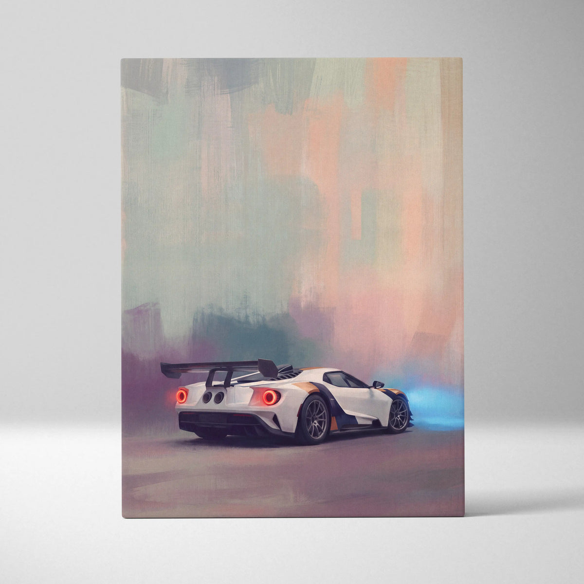 White and black ford gt sports car with glowing red taillights and blue exhaust flames on luxury supercar canvas print
