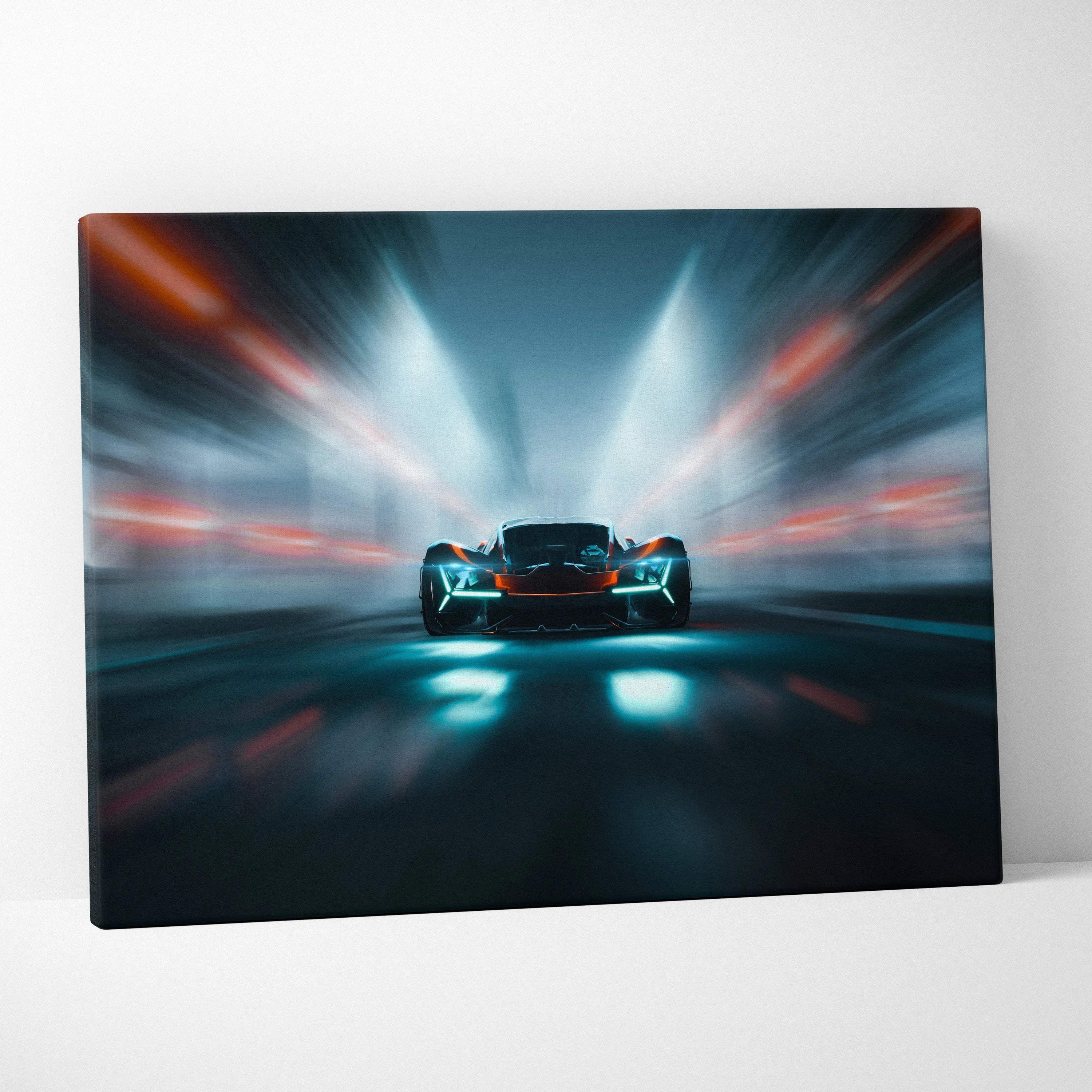Futuristic hypercar racing through neon tunnel canvas art in cool blues with orange accents