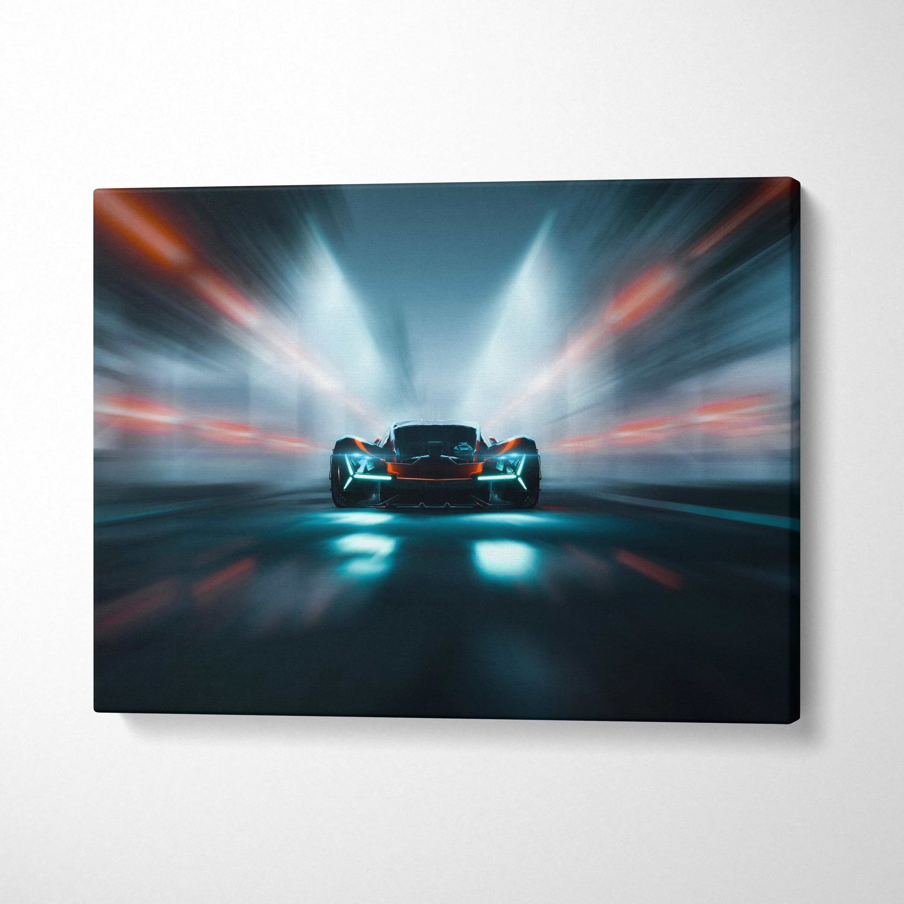 Futuristic hypercar racing through neon tunnel canvas wall art in cool blues with orange accents