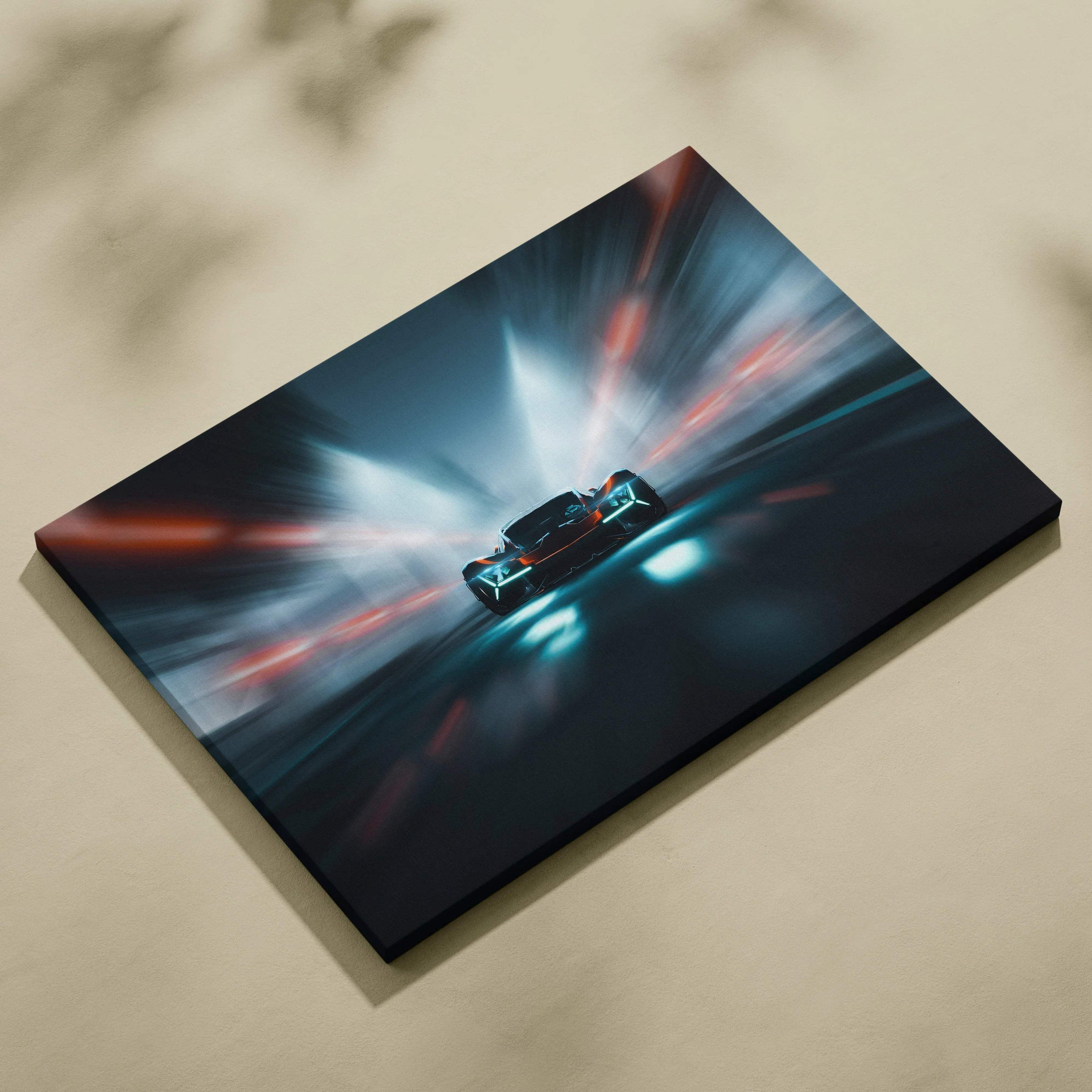 Black futuristic hypercar racing through neon blue red tunnel canvas print