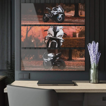 BMW S1000RR motorcycle canvas wall art in autumn forest, split into three horizontal panels.