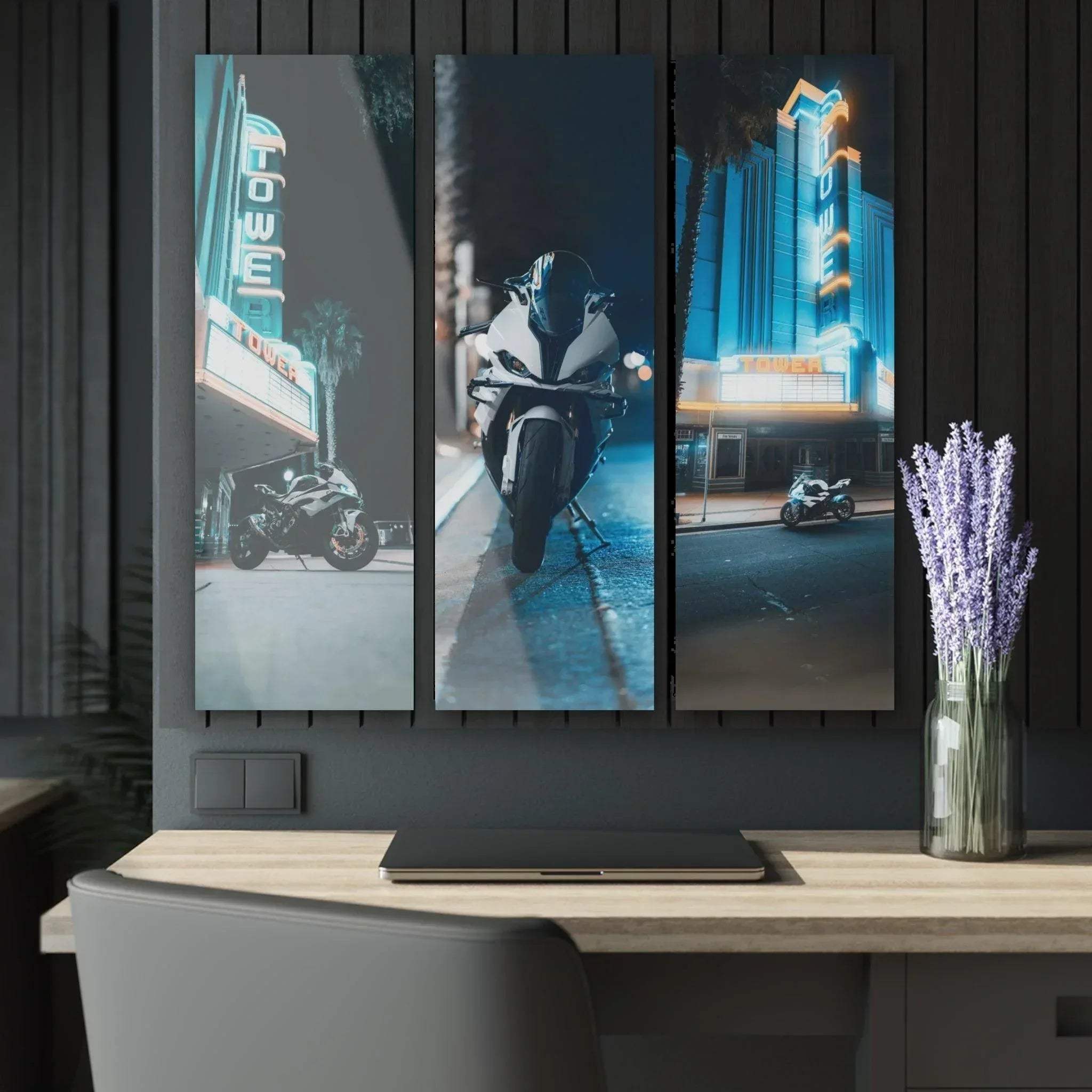 BMW S1000RR motorcycle three-piece acrylic canvas wall art with urban night scene and neon lights.