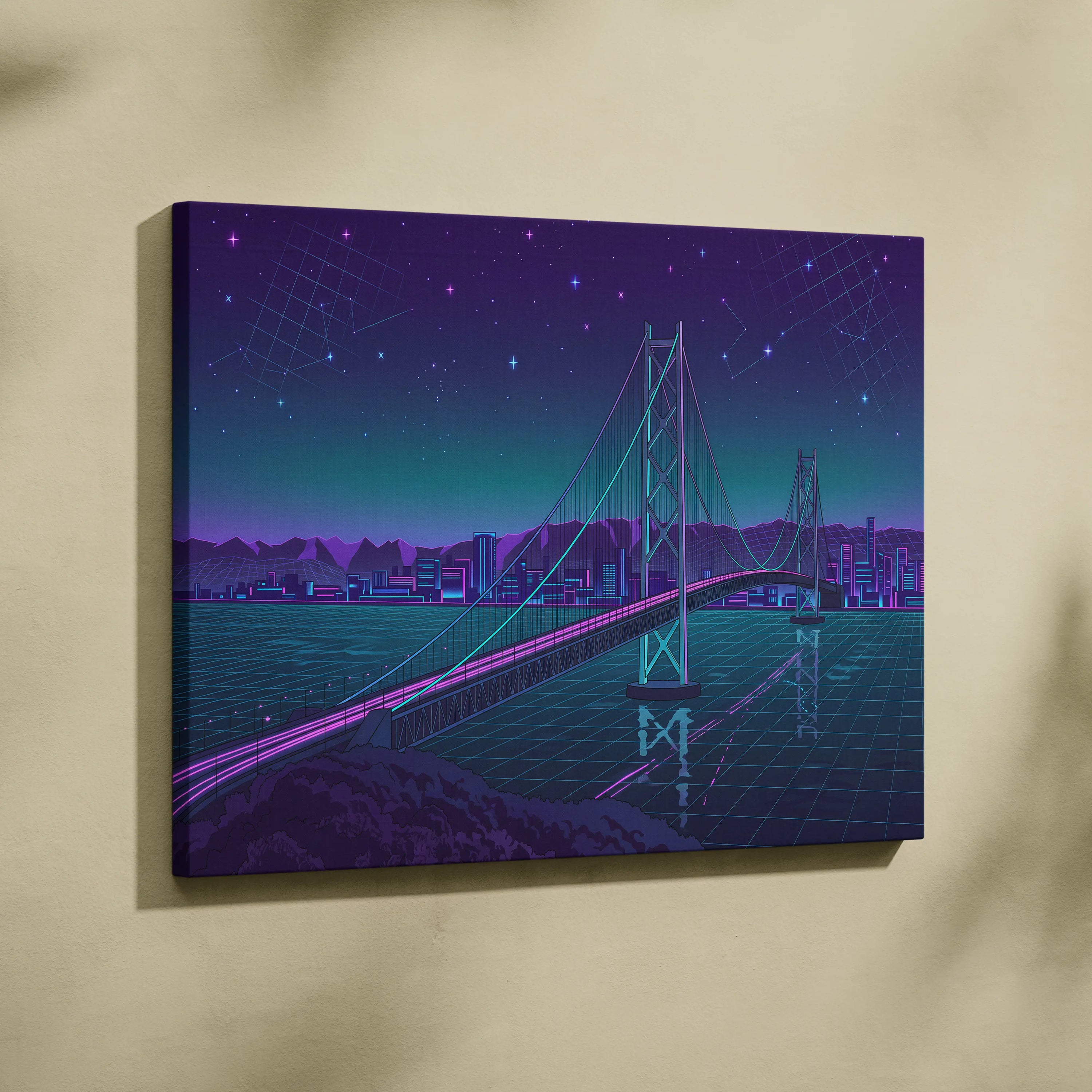 Neon Vaporwave Cityscape Canvas - Vaporwave Cityscape Neon Purple Living Room Retro Dreamy Neon Wall Art Canvas