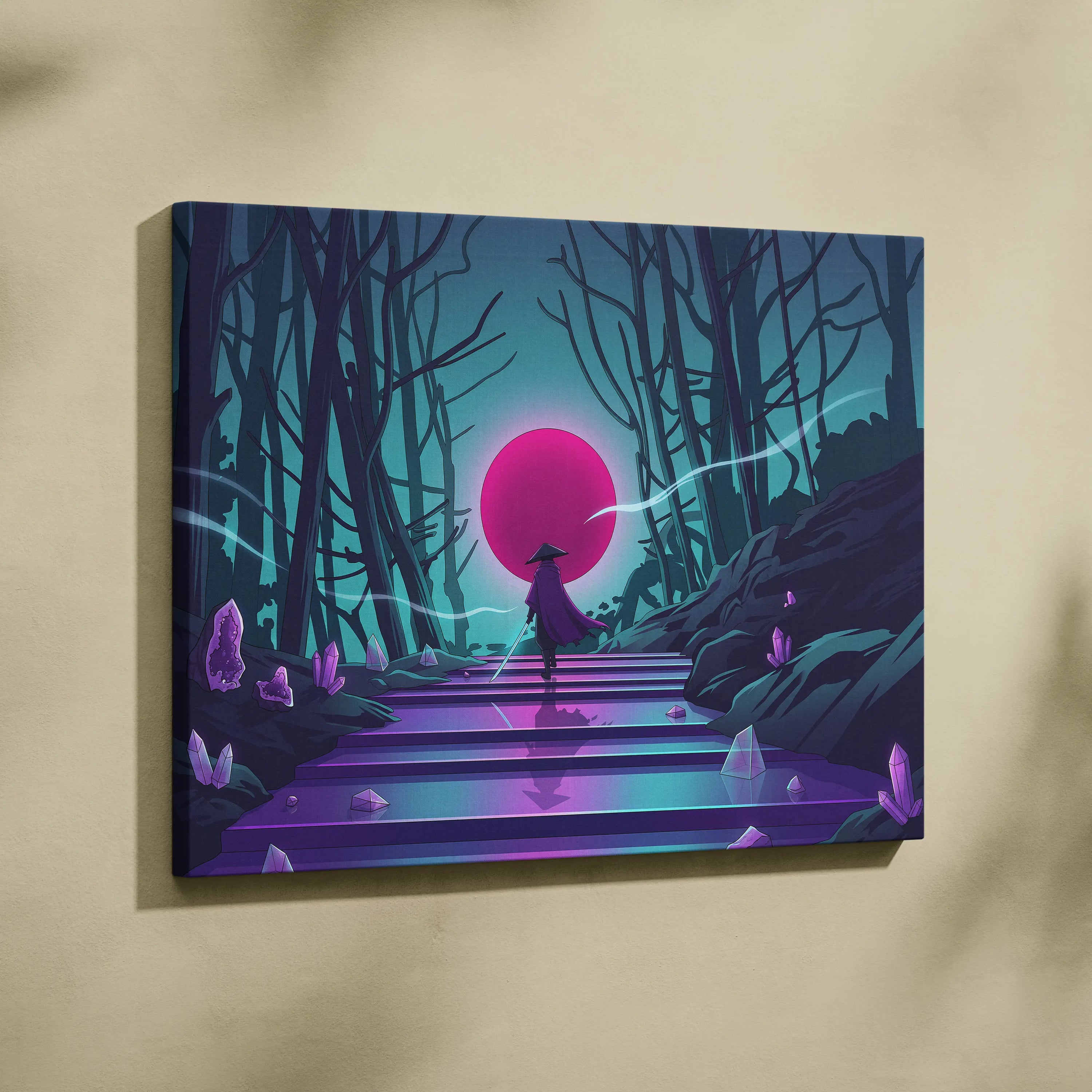 Vaporwave Neon Sunset Canvas - Mystic Figure Neon Pink Teal Living Room Vaporwave Dreamy Retro Futurism Neon Wall Art Canvas