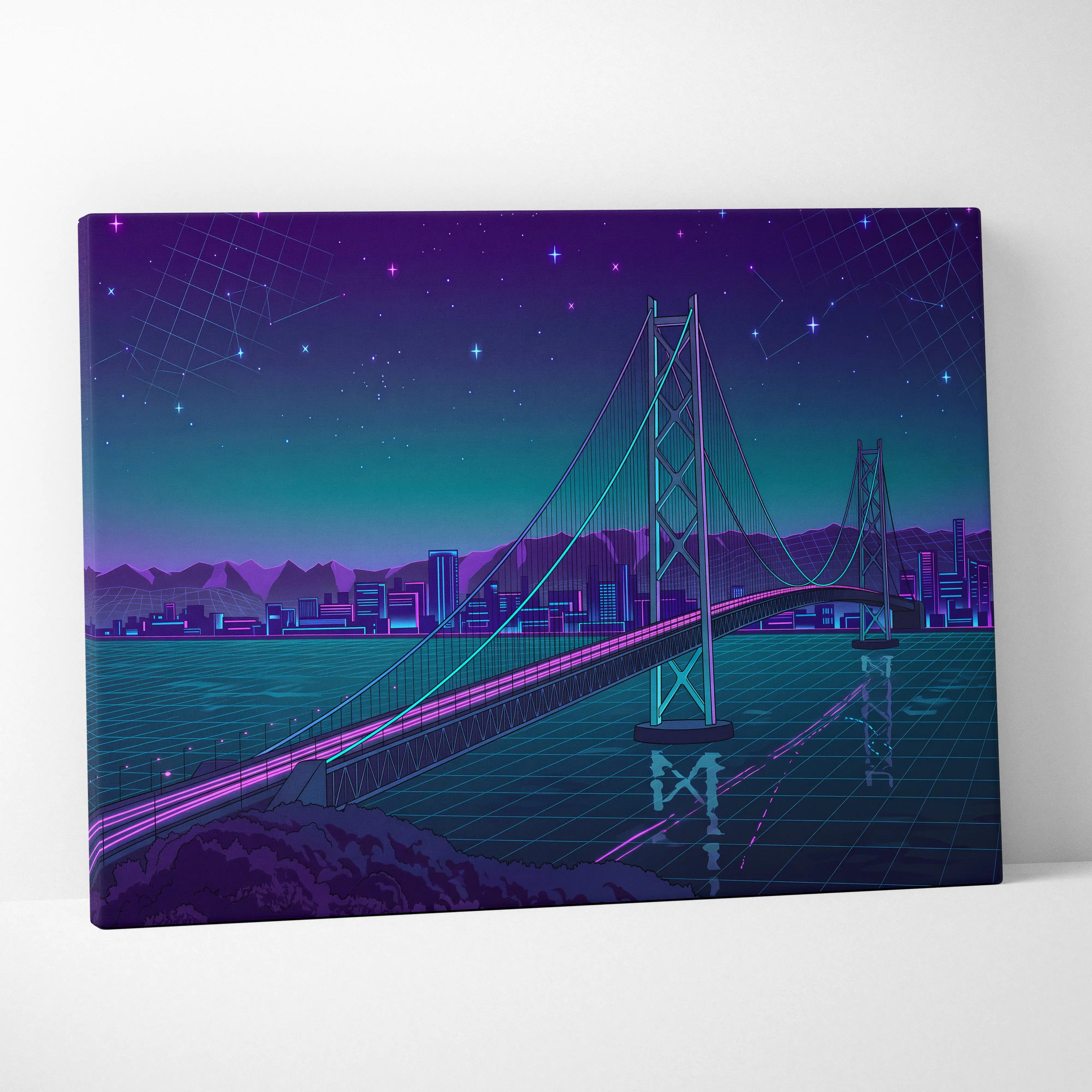 Neon Vaporwave Cityscape Canvas - Vaporwave Cityscape Neon Purple Living Room Retro Dreamy Neon Wall Art Canvas