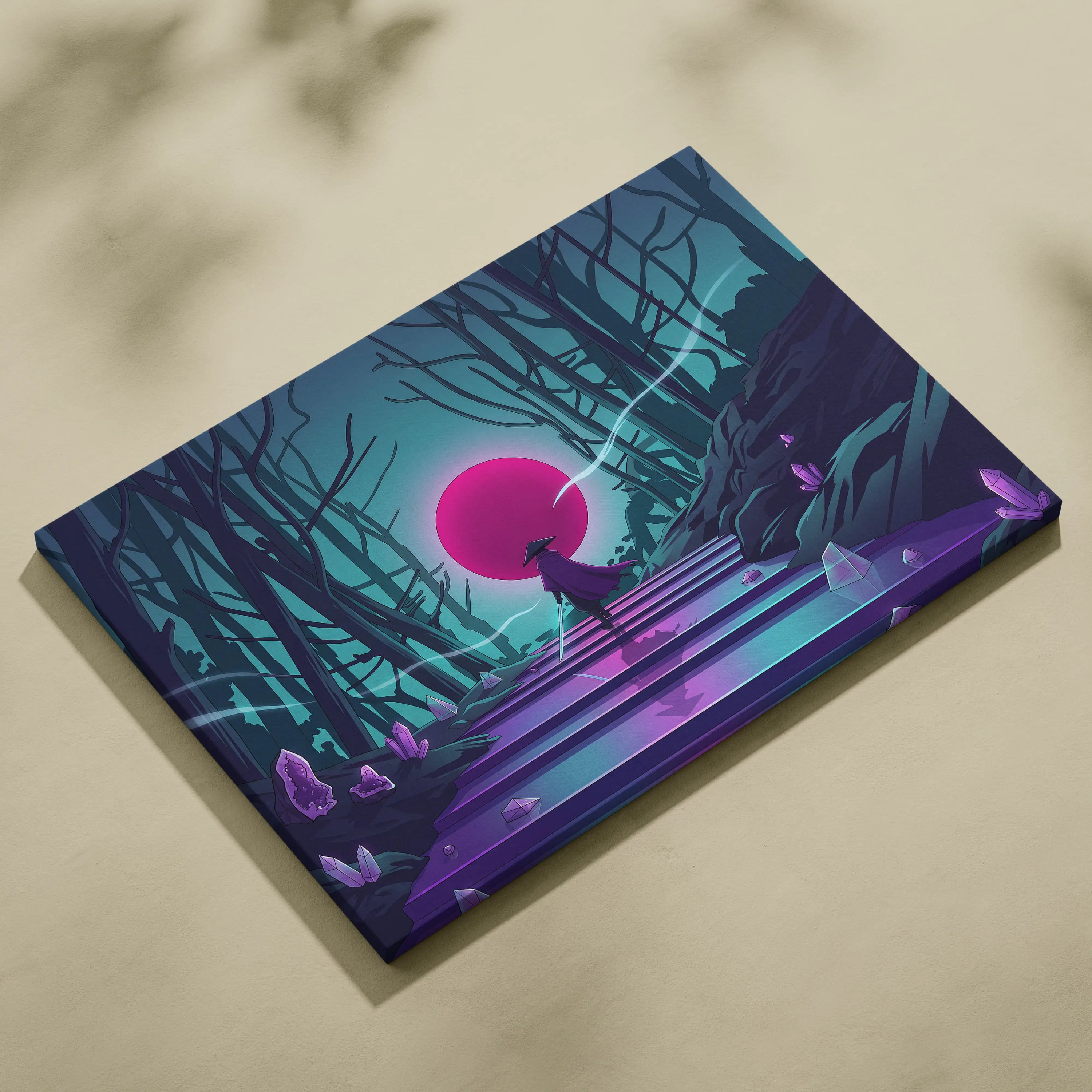 Vaporwave Neon Sunset Canvas - Mystic Figure Neon Pink Teal Living Room Vaporwave Dreamy Retro Futurism Neon Wall Art Canvas