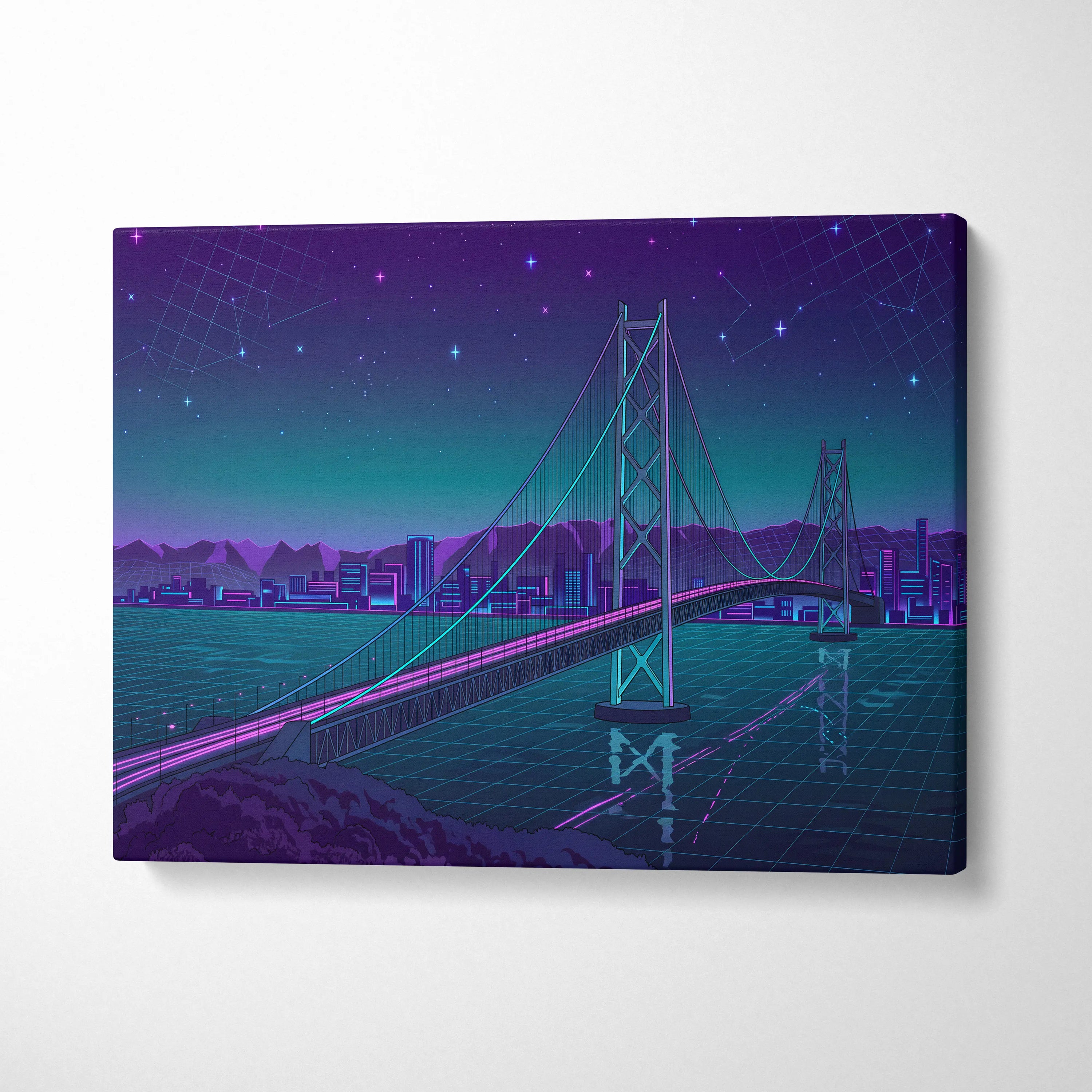 Neon Vaporwave Cityscape Canvas - Vaporwave Cityscape Neon Purple Living Room Retro Dreamy Neon Wall Art Canvas