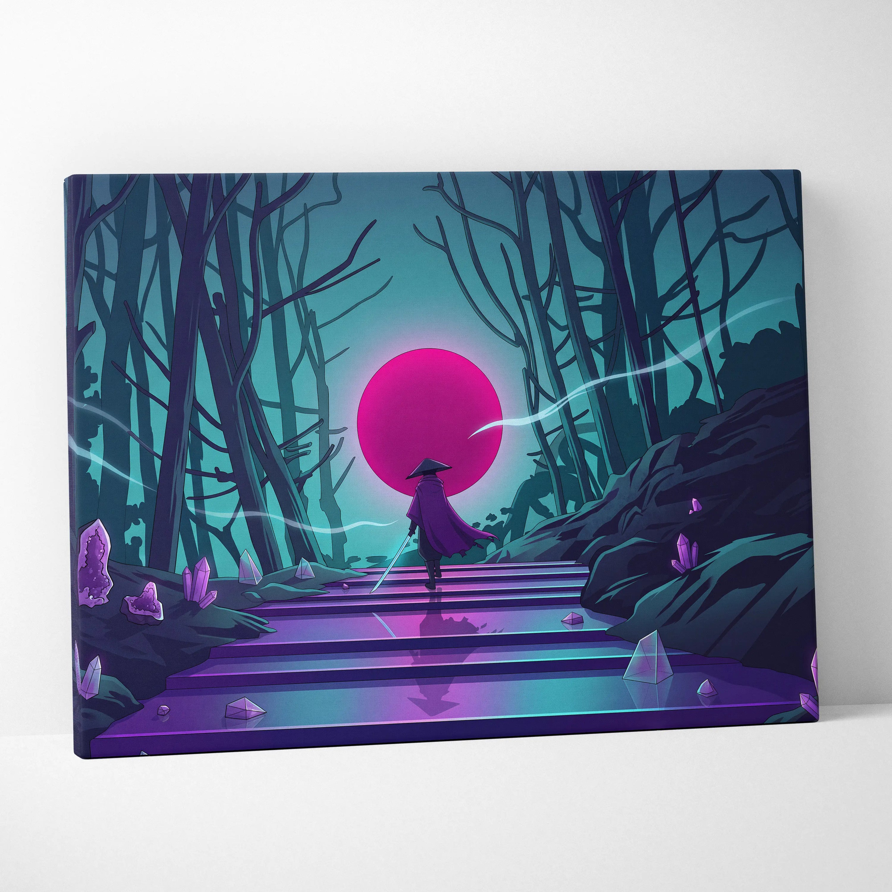 Vaporwave Neon Sunset Canvas - Mystic Figure Neon Pink Teal Living Room Vaporwave Dreamy Retro Futurism Neon Wall Art Canvas