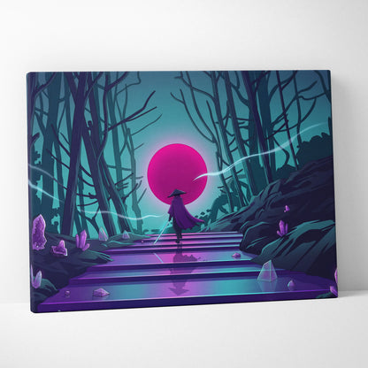 Vaporwave Neon Sunset Canvas - Mystic Figure Neon Pink Teal Living Room Vaporwave Dreamy Retro Futurism Neon Wall Art Canvas