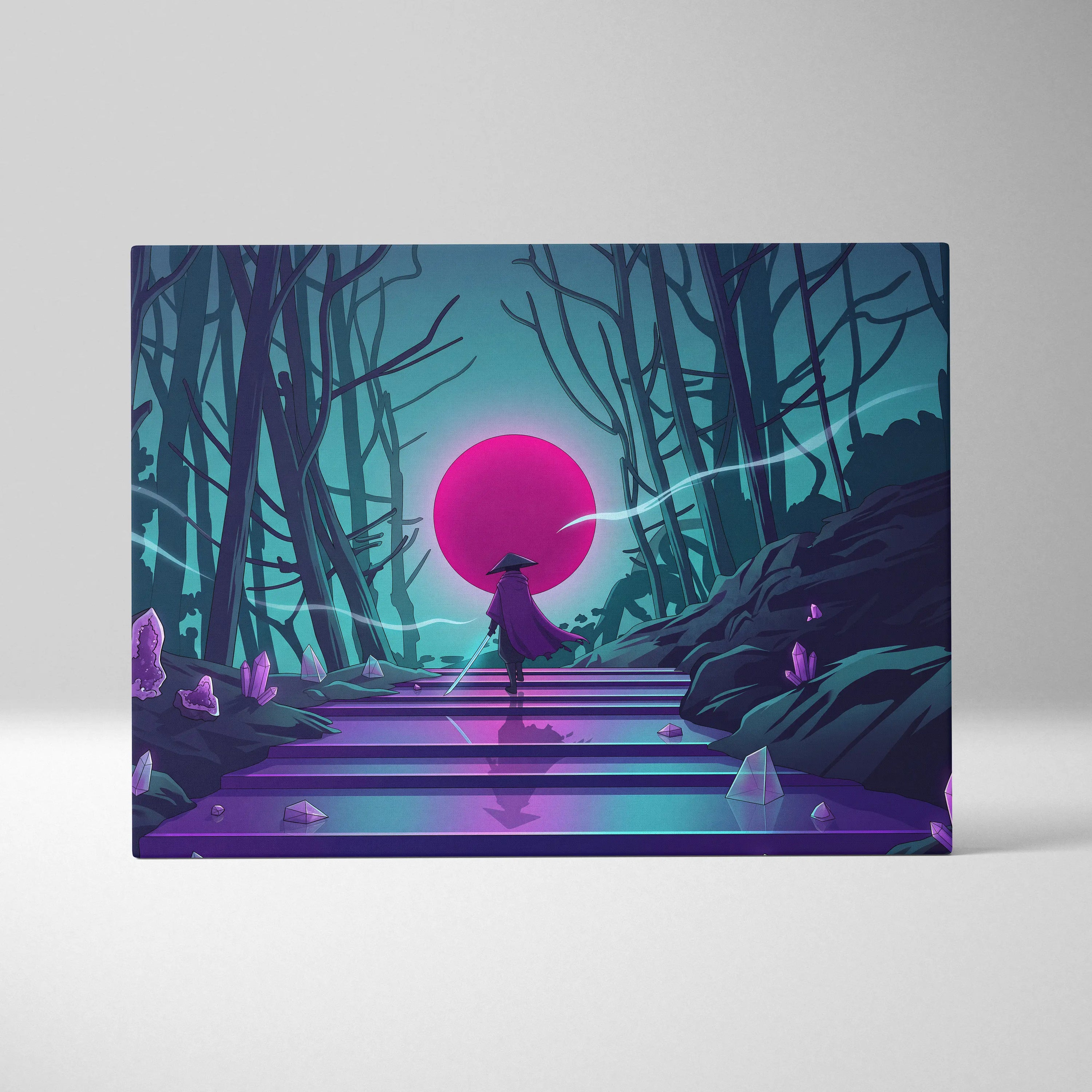 Vaporwave Neon Sunset Canvas - Mystic Figure Neon Pink Teal Living Room Vaporwave Dreamy Retro Futurism Neon Wall Art Canvas