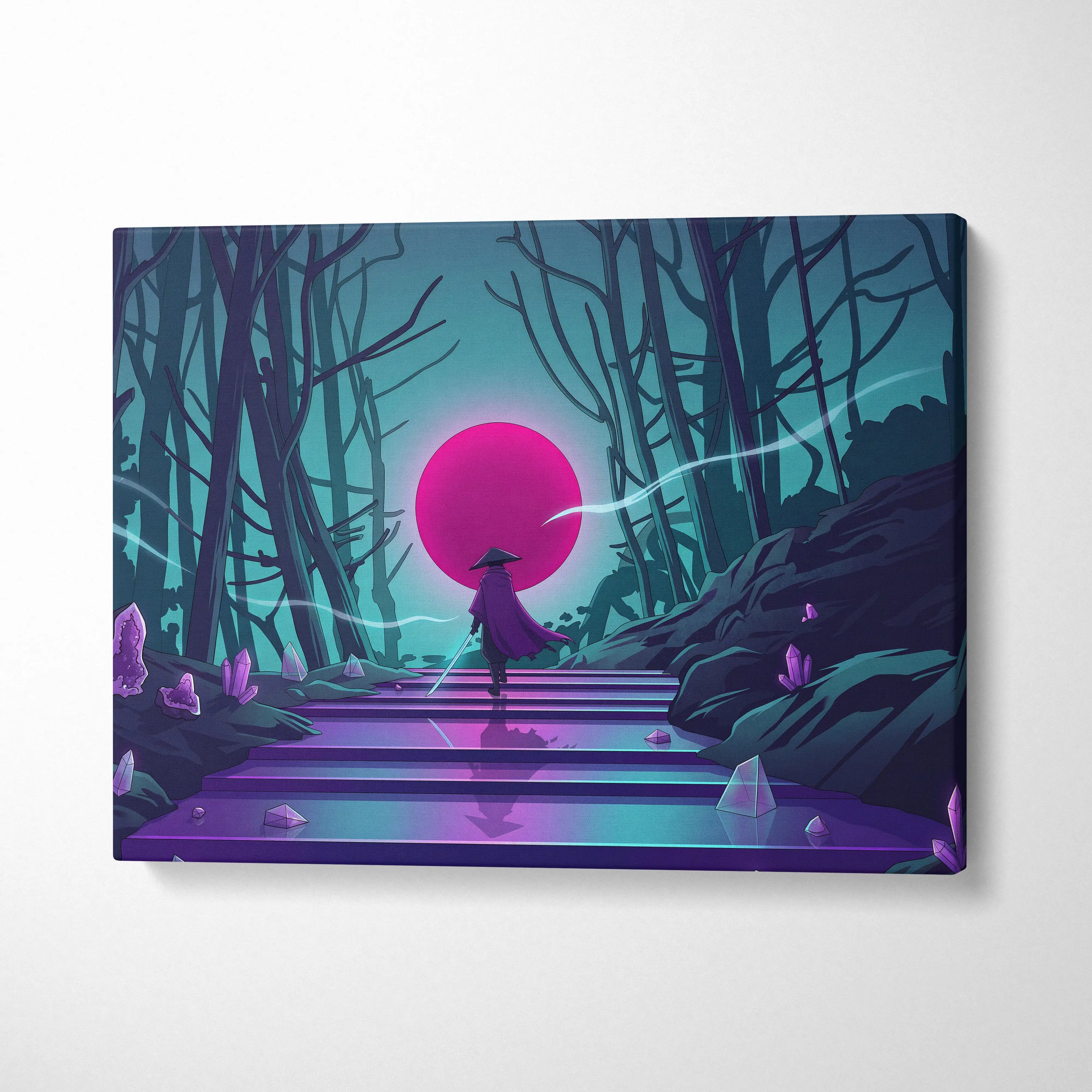 Vaporwave Neon Sunset Canvas - Mystic Figure Neon Pink Teal Living Room Vaporwave Dreamy Retro Futurism Neon Wall Art Canvas