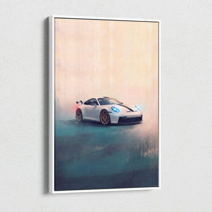 White Porsche 911 GT3 RS inspired supercar canvas art with black racing stripes and gold rims in white frame