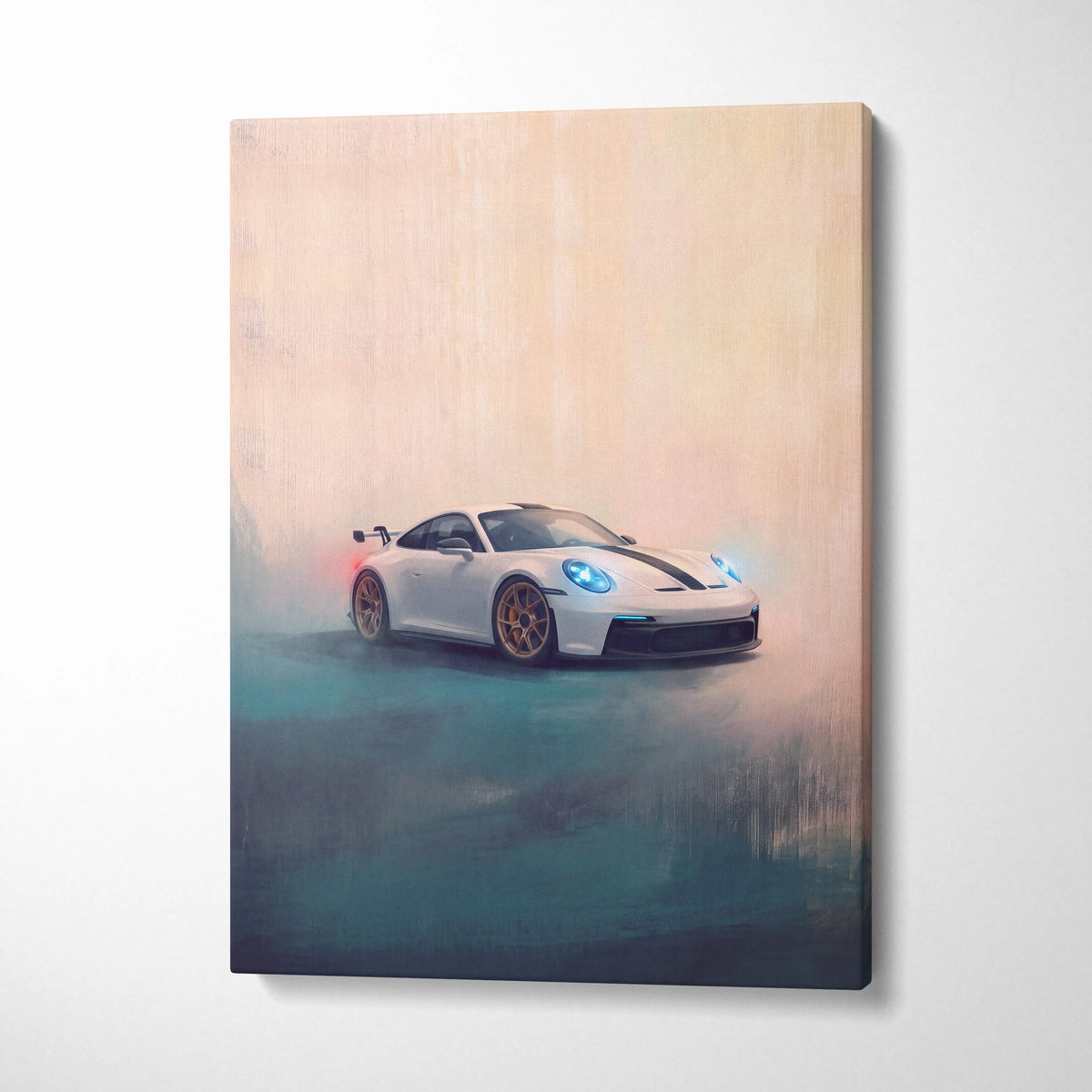 Porsche 911 gt3 rs inspired supercar canvas art featuring white gt3 with black stripes and gold alloy wheels in motion