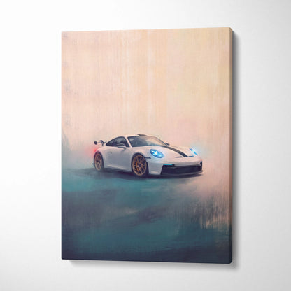 Porsche 911 gt3 rs inspired supercar canvas art featuring white gt3 with black stripes and gold alloy wheels in motion