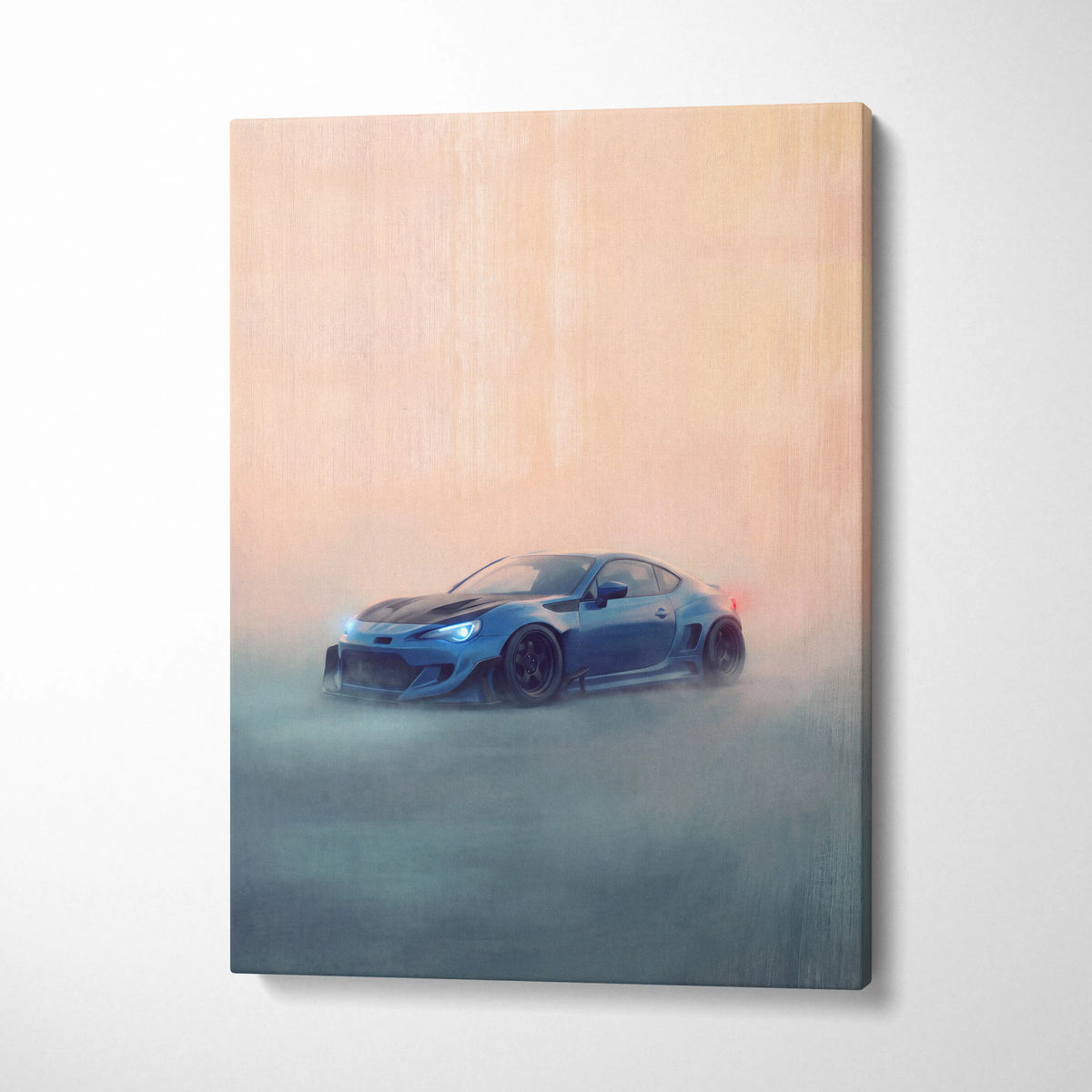 Subaru BRZ inspired blue sports car canvas print featuring a sleek coupe with black accents and glowing headlights for living room