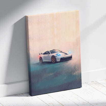 White porsche 911 gt3 rs inspired supercar canvas art with glowing blue headlights and gold rims in motion