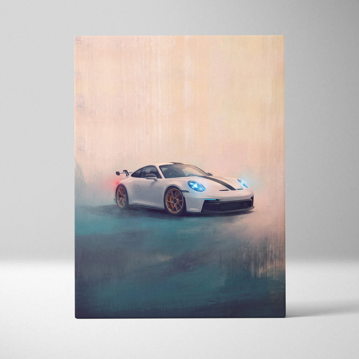 Stylized painting of white porsche 911 gt3 rs with gold rims and blue headlights on custom car wall art canvas