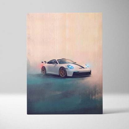 Stylized painting of white porsche 911 gt3 rs with gold rims and blue headlights on custom car wall art canvas