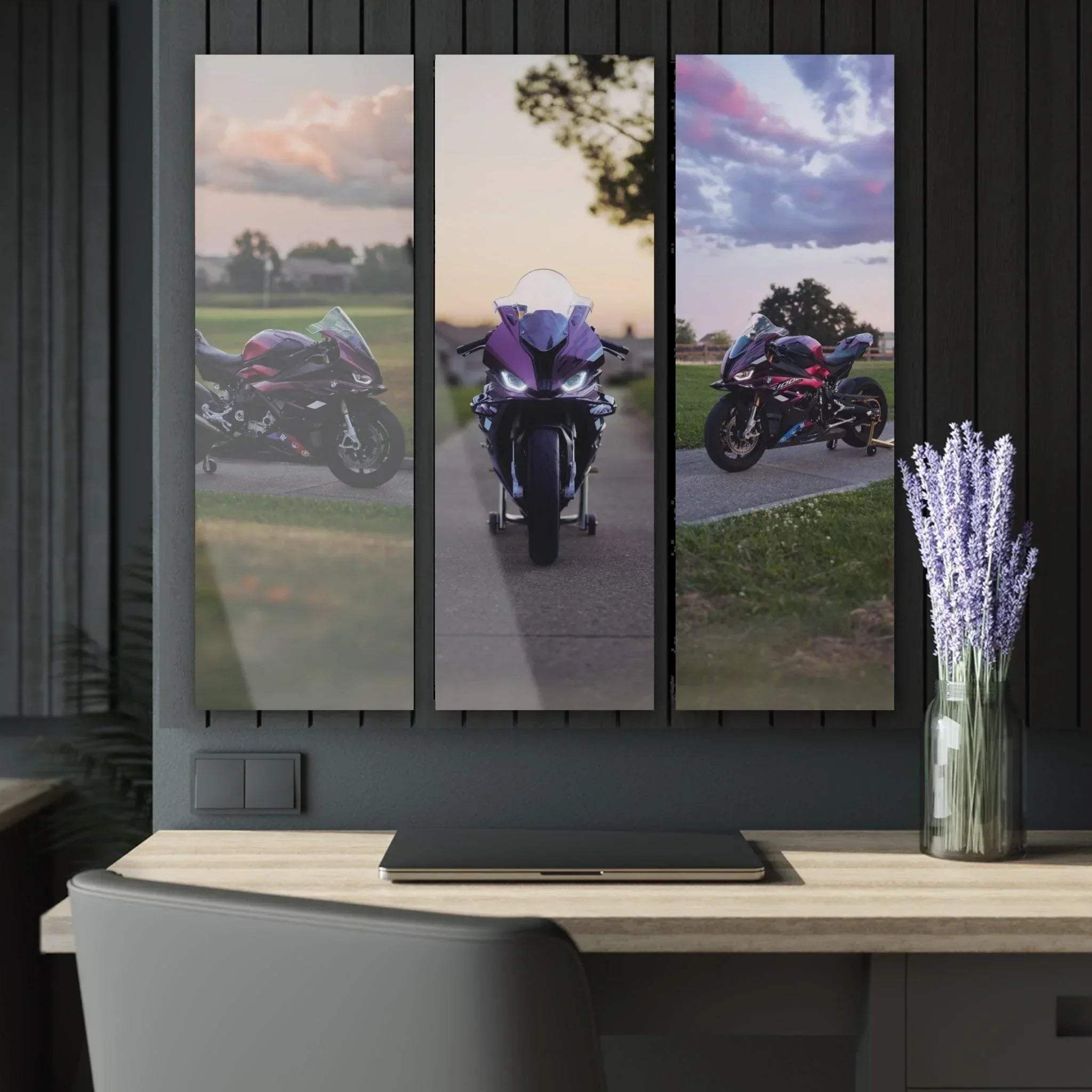 BMW S1000RR three-piece acrylic canvas art set with dynamic motorcycle views on road, modern wall art decor.