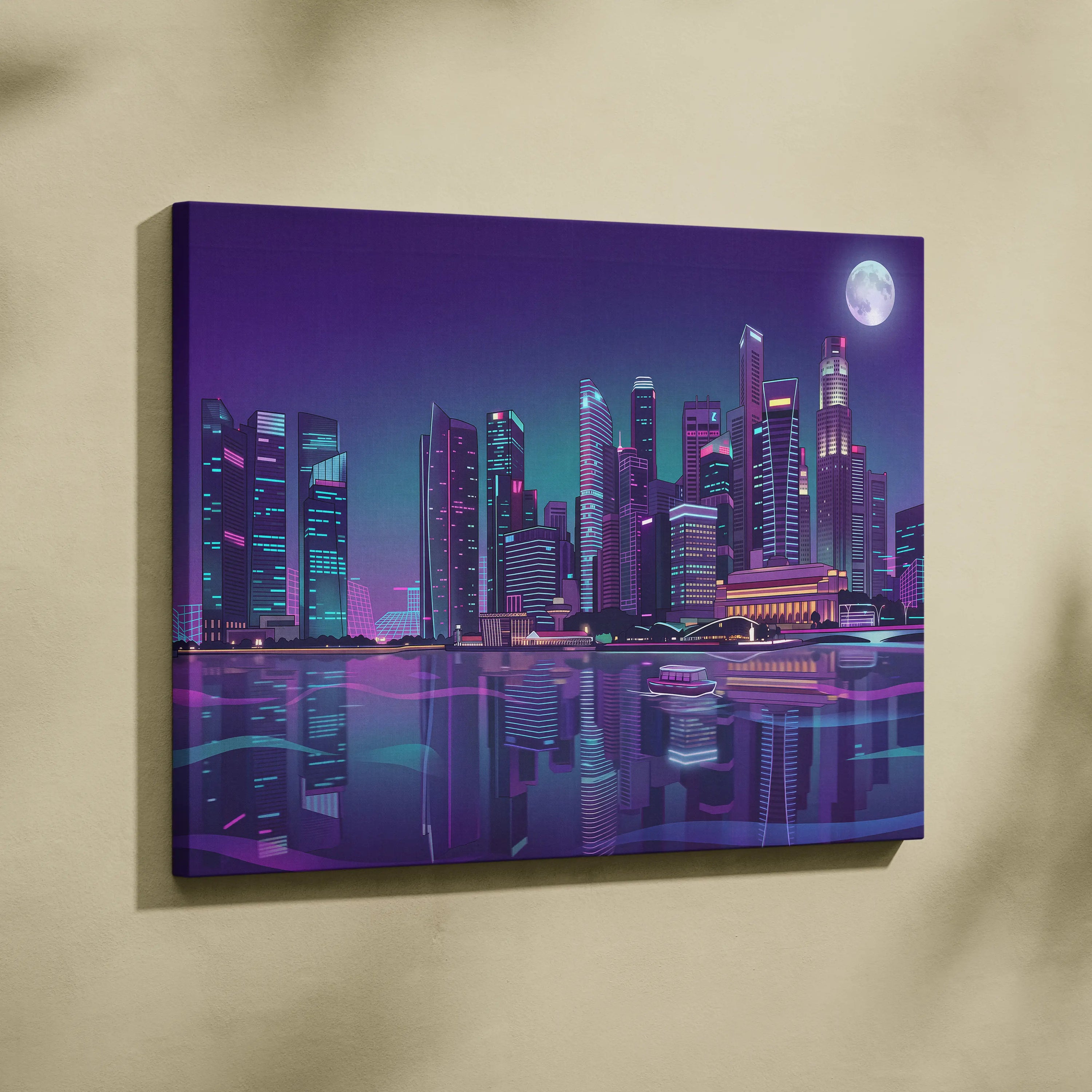 Neon City Vaporwave Canvas - Cityscape Neon Purple Blue Living Room Vaporwave Mood Retro Futurism Neon Glow Canvas