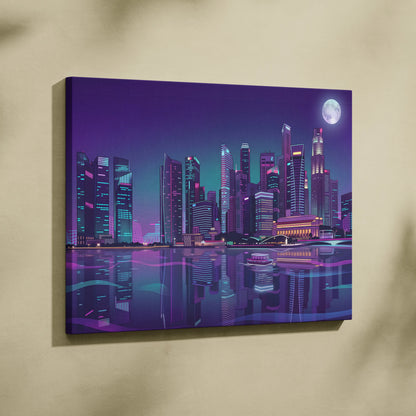 Neon City Vaporwave Canvas - Cityscape Neon Purple Blue Living Room Vaporwave Mood Retro Futurism Neon Glow Canvas