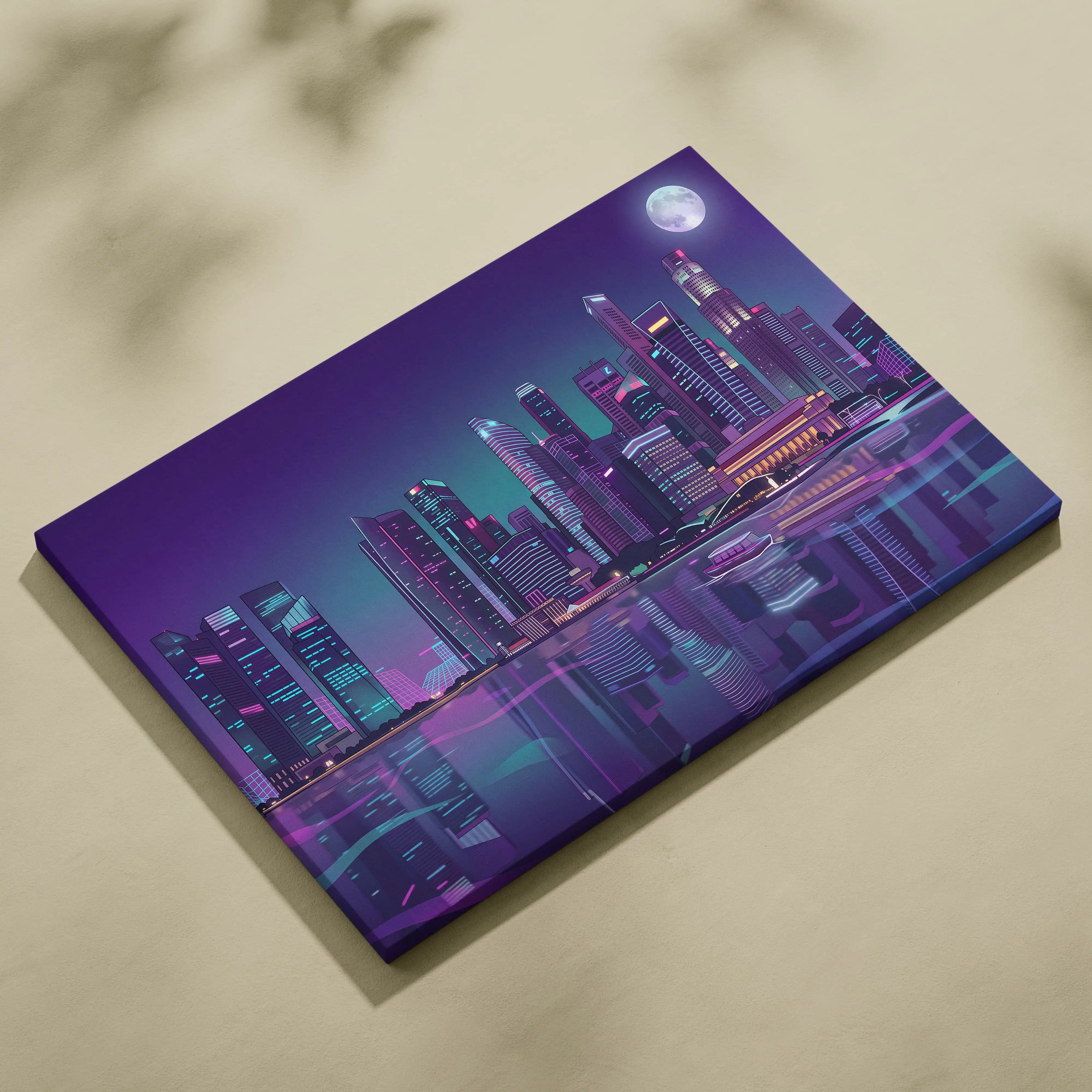 Neon City Vaporwave Canvas - Cityscape Neon Purple Blue Living Room Vaporwave Mood Retro Futurism Neon Glow Canvas