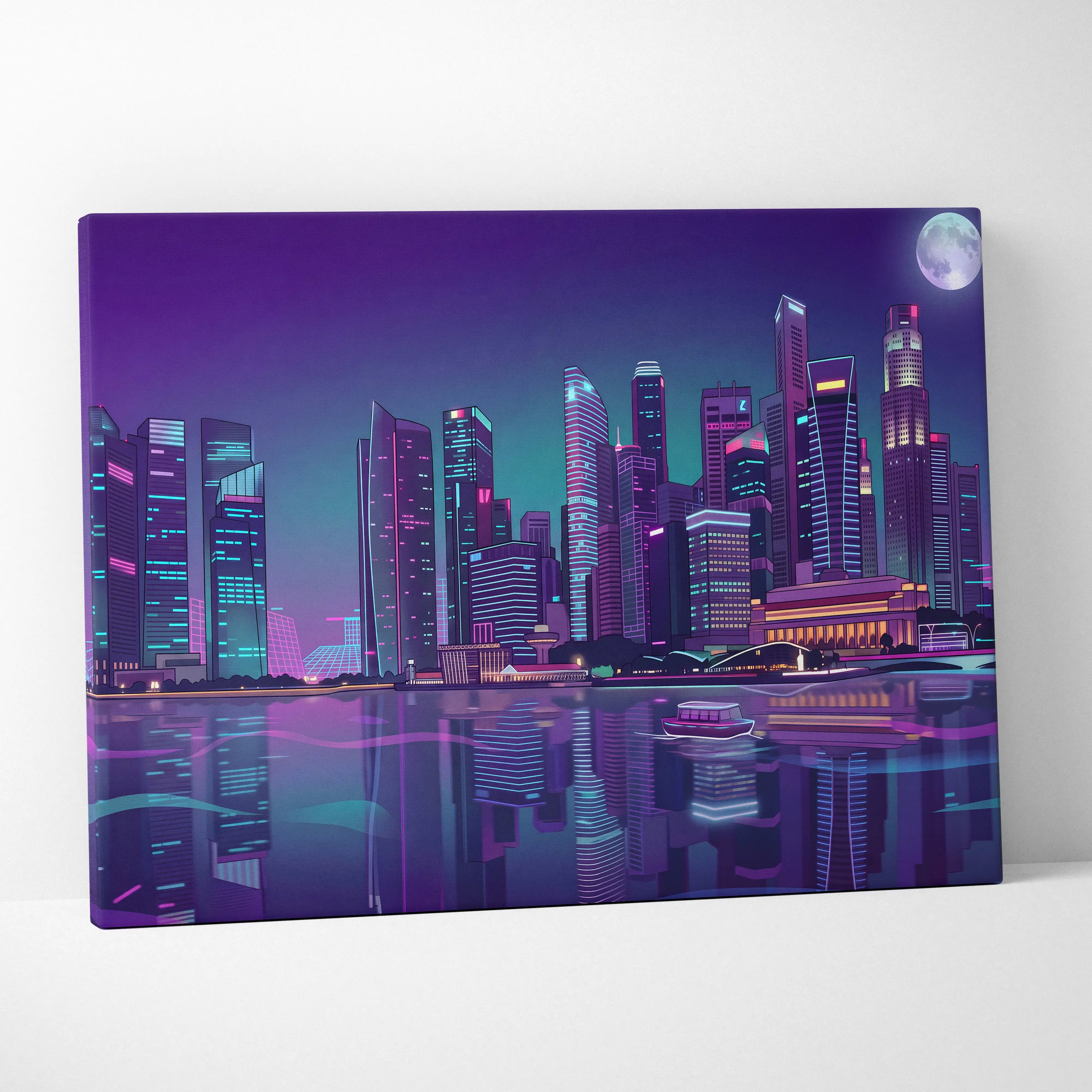 Neon City Vaporwave Canvas - Cityscape Neon Purple Blue Living Room Vaporwave Mood Retro Futurism Neon Glow Canvas