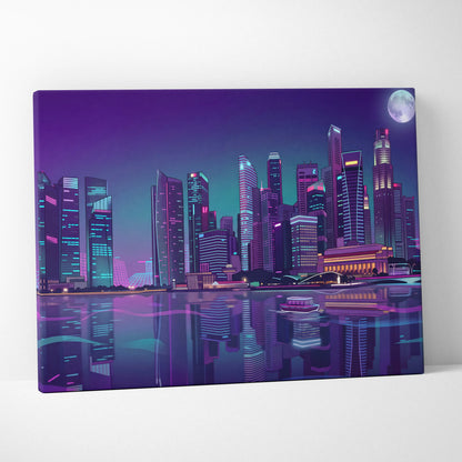 Neon City Vaporwave Canvas - Cityscape Neon Purple Blue Living Room Vaporwave Mood Retro Futurism Neon Glow Canvas