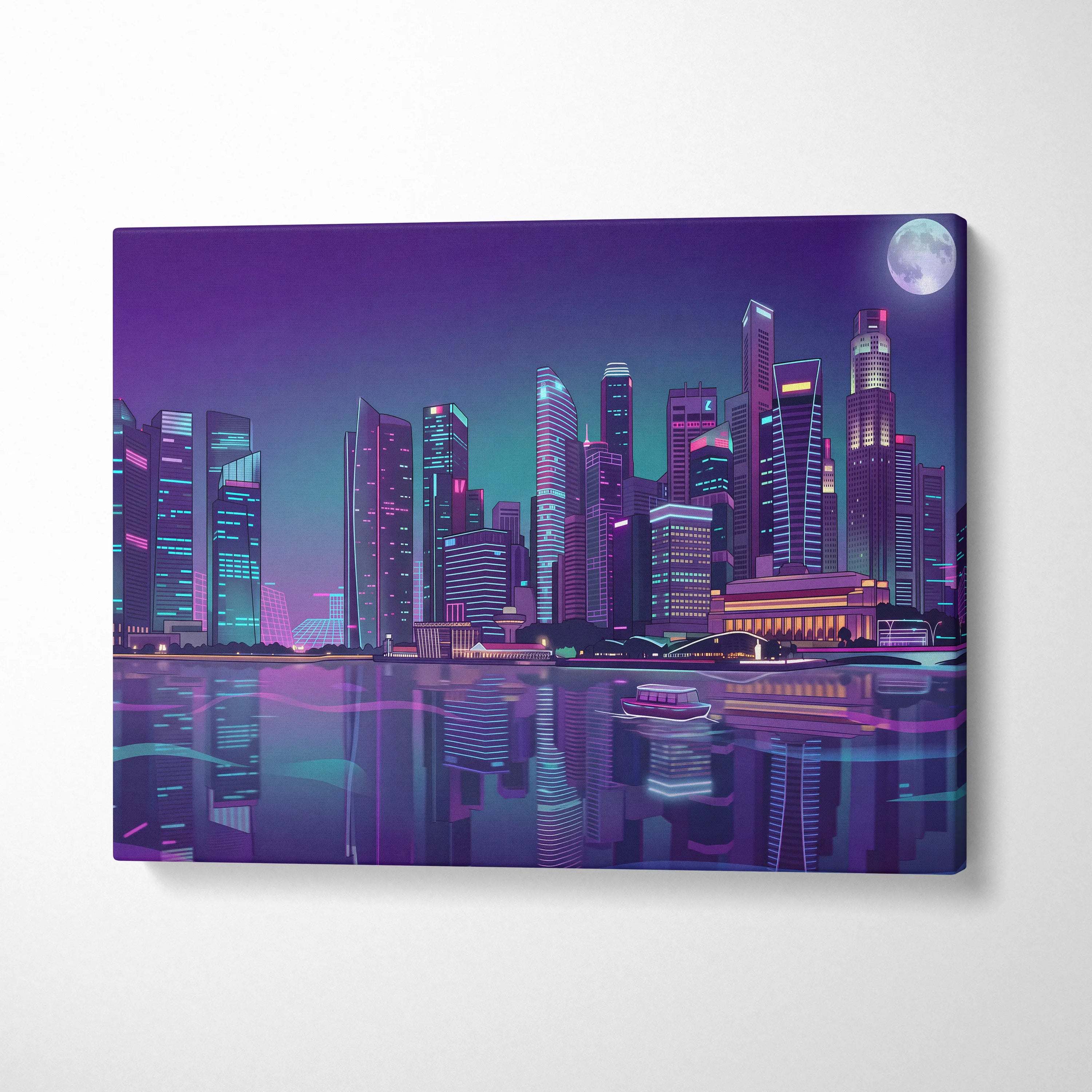 Neon City Vaporwave Canvas - Cityscape Neon Purple Blue Living Room Vaporwave Mood Retro Futurism Neon Glow Canvas