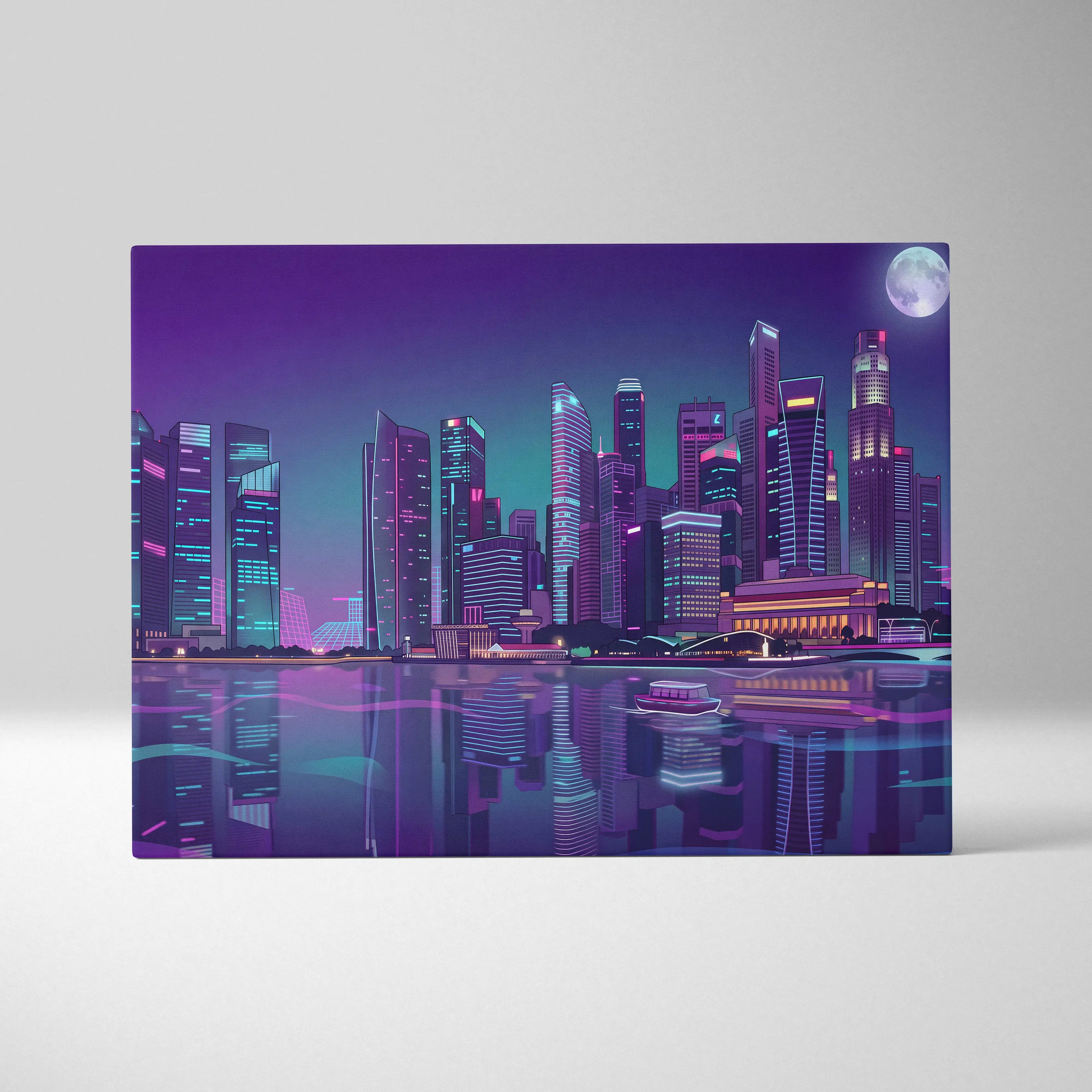 Neon City Vaporwave Canvas - Cityscape Neon Purple Blue Living Room Vaporwave Mood Retro Futurism Neon Glow Canvas