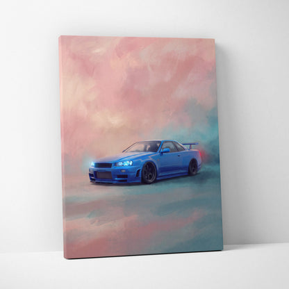 Blue nissan skyline r34 gt-r canvas print with glowing headlights and pink blue gradient sky wall decor