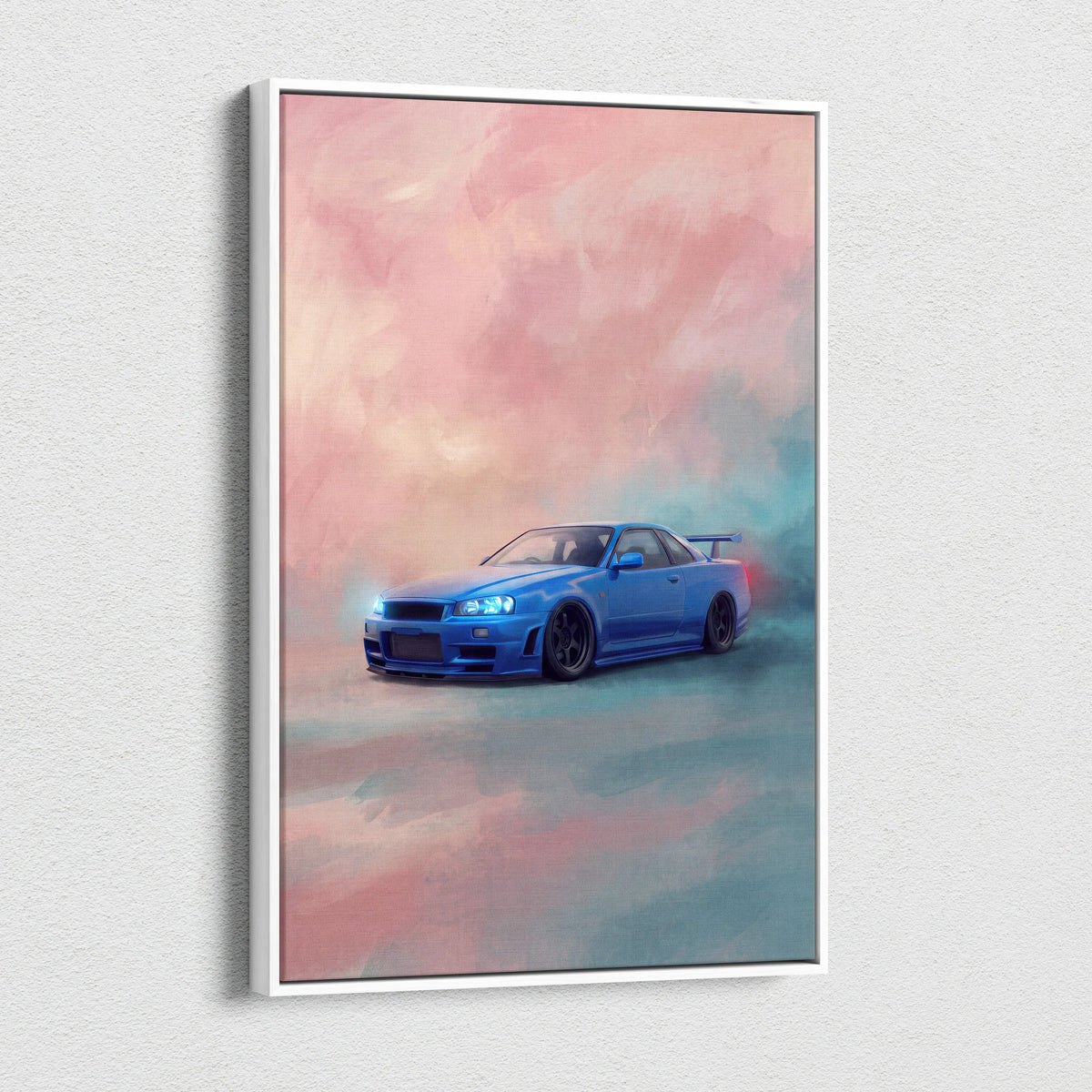 Blue Nissan R34 Skyline GT-R inspired JDM canvas print featuring a sports car illustration in a white frame