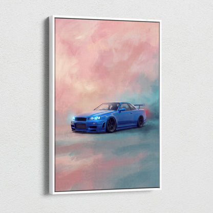 Blue Nissan R34 Skyline GT-R inspired JDM canvas print featuring a sports car illustration in a white frame