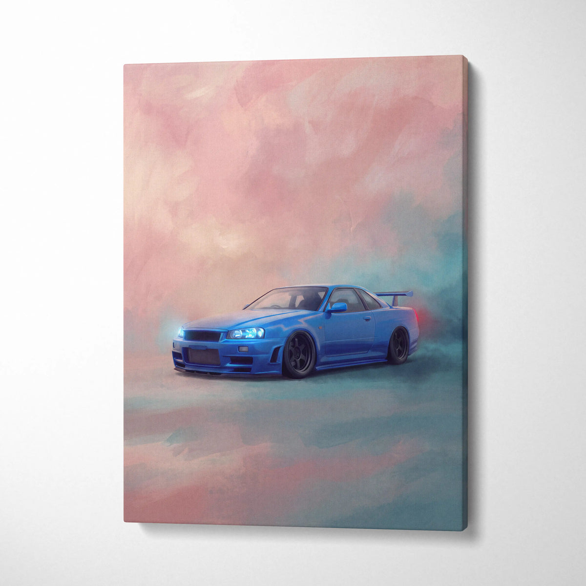 Blue Nissan Skyline R34 GT-R canvas print featuring glowing headlights and a sleek aerodynamic design for wall decor