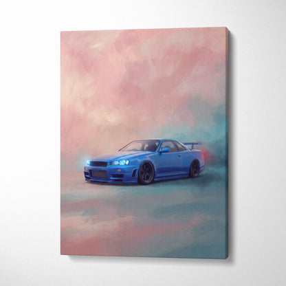 Blue Nissan Skyline R34 GT-R canvas print featuring glowing headlights and a sleek aerodynamic design for wall decor