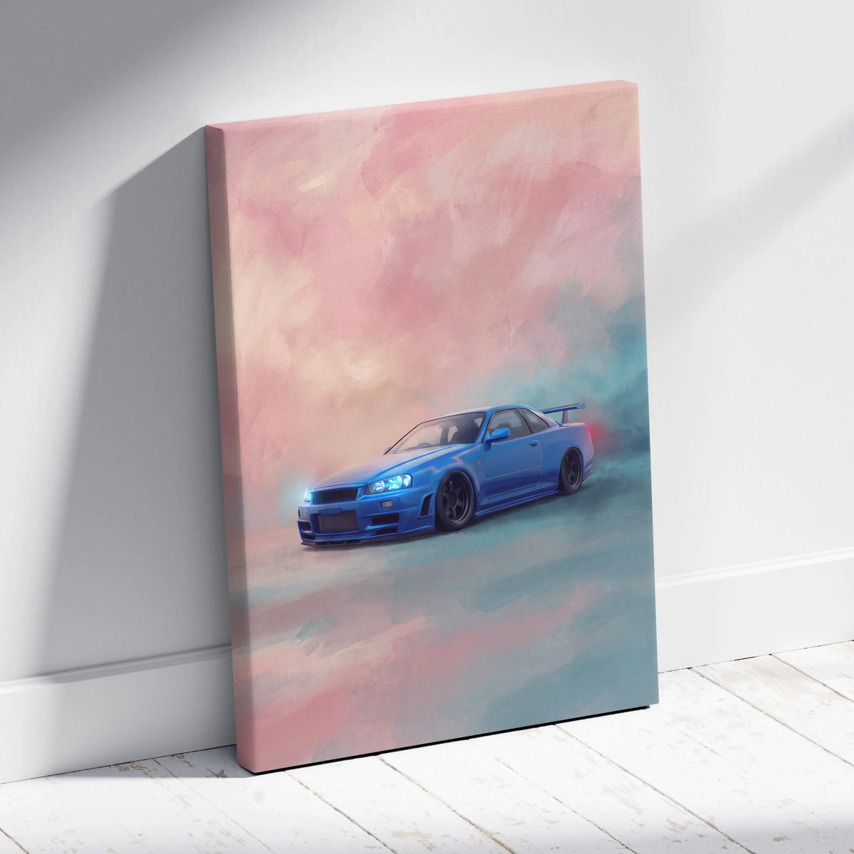 Nissan R34 Skyline GT-R inspired blue sports car canvas print with dreamy pink and teal sky wall decor